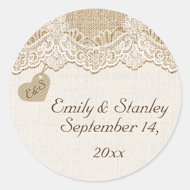 White lace & heart on burlap wedding Save the Date Classic Round Sticker (Front)