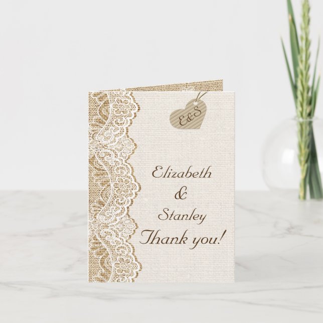 White lace & heart on burlap wedding Thank You Card (Front)