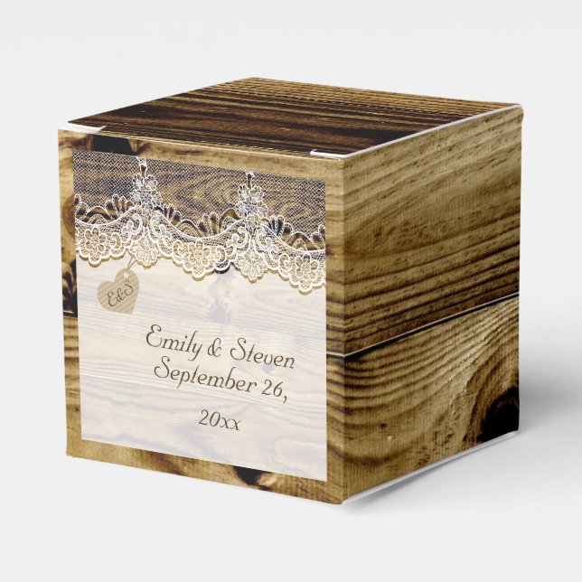 White lace & heart on old wood rustic wedding favour box (Front Side)
