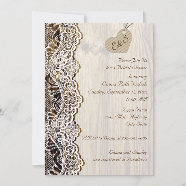 White lace & heart on wood wedding bridal shower invitation (Front)