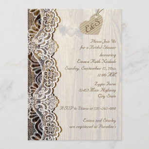 White lace & heart on wood wedding bridal shower invitation
