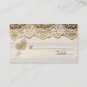 White lace & heart on wood wedding place card