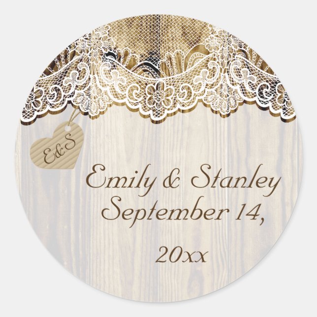 White lace & heart on wood wedding Save the Date Classic Round Sticker (Front)