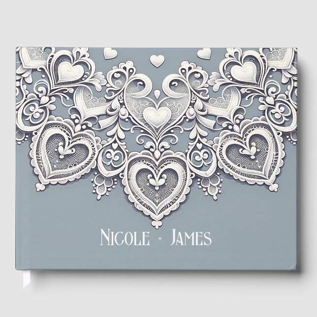White Lace Hearts Romantic Charm Bridal Shower  Guest Book (Front)