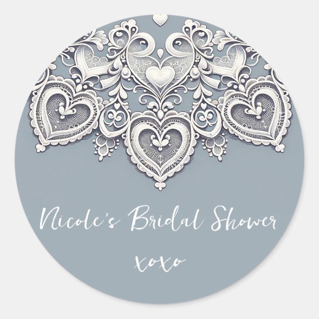 White Lace Hearts Romantic Charm Bridal Shower wed Classic Round Sticker (Front)