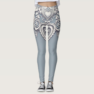 White Lace Hearts Romantic Charm Elegant Leggings