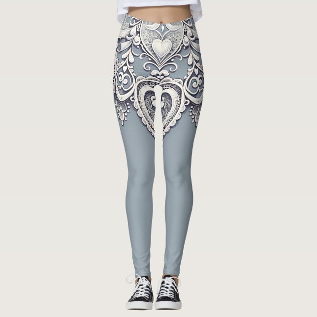 White Lace Hearts Romantic Charm Elegant Leggings (Front)