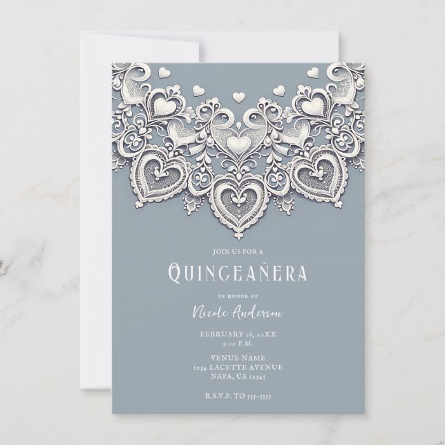 White Lace Hearts Romantic Charm Quinceañera Party Invitation (Front)