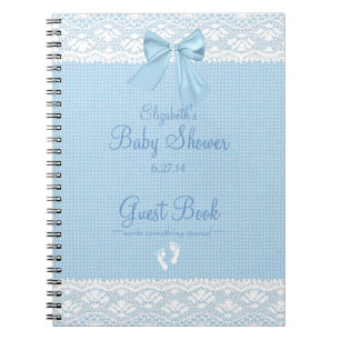 White Lace Image Blue Bow Baby Shower Guest Book- Notebook