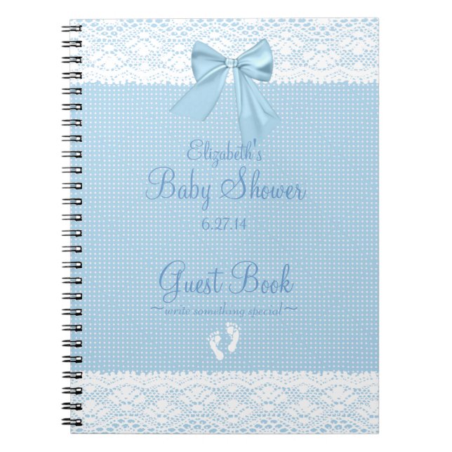 White Lace Image Blue Bow Baby Shower Guest Book- Notebook (Front)