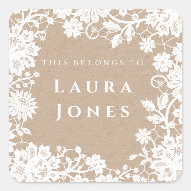 White Lace Kraft Beautiful Bookplate Custom Name Square Sticker (Front)