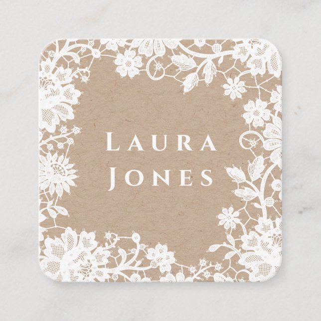 White Lace Kraft Beautiful Editable Template Square Business Card (Front)