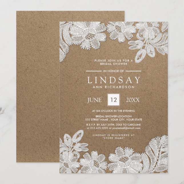White Lace | Kraft Paper Bridal Shower Invitations (Front/Back)