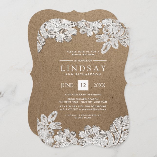 White Lace | Kraft Paper Bridal Shower Invitations (Front/Back)