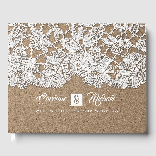 White Lace | Kraft Paper Wedding Guest Books (Front)