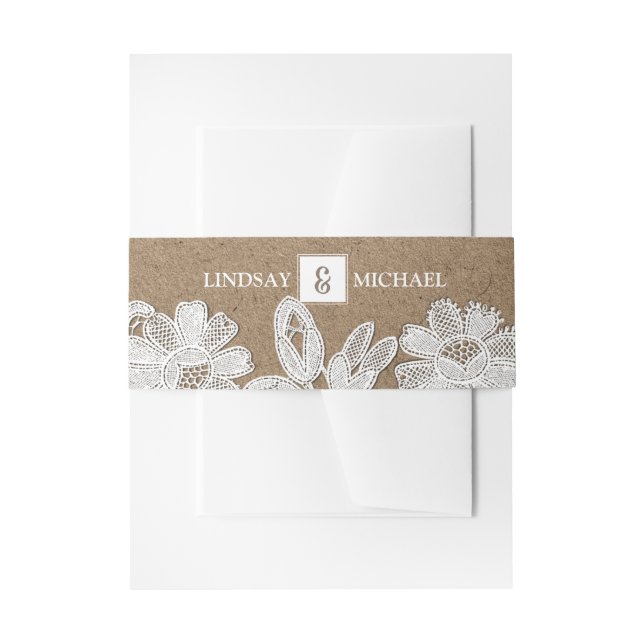 White Lace | Kraft Paper Wedding  Invitation Belly Band (Front Example)