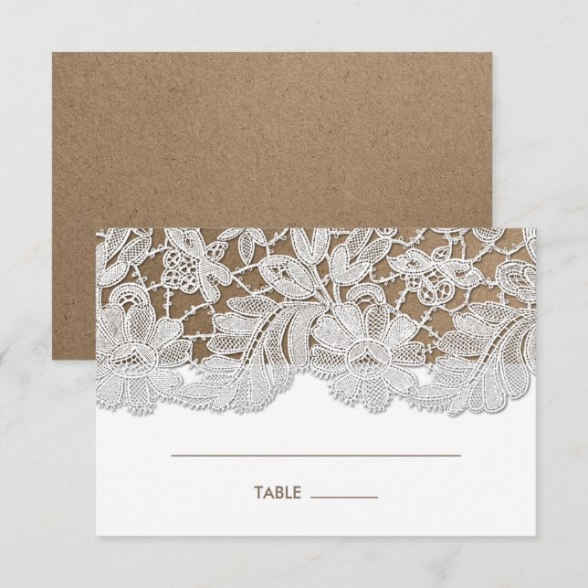 White Lace | Kraft Paper Wedding Table Place Cards (Front/Back)