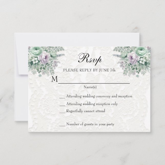White Lace MInt Green Lavender Floral RSVP Card (Front)