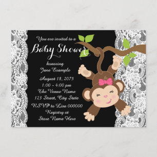 White Lace Monkey Baby Girl Shower Invitation