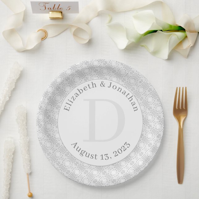 White Lace Monogrammed  Paper Plate (Wedding)