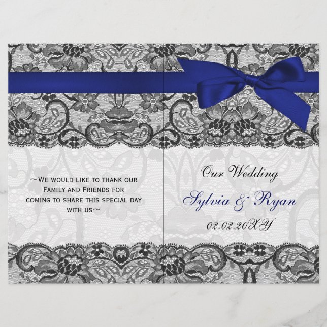 white lace,n blue ribbon book fold Wedding program (Front)