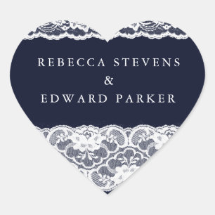 White Lace Navy Blue Elegant Modern Wedding Heart Sticker