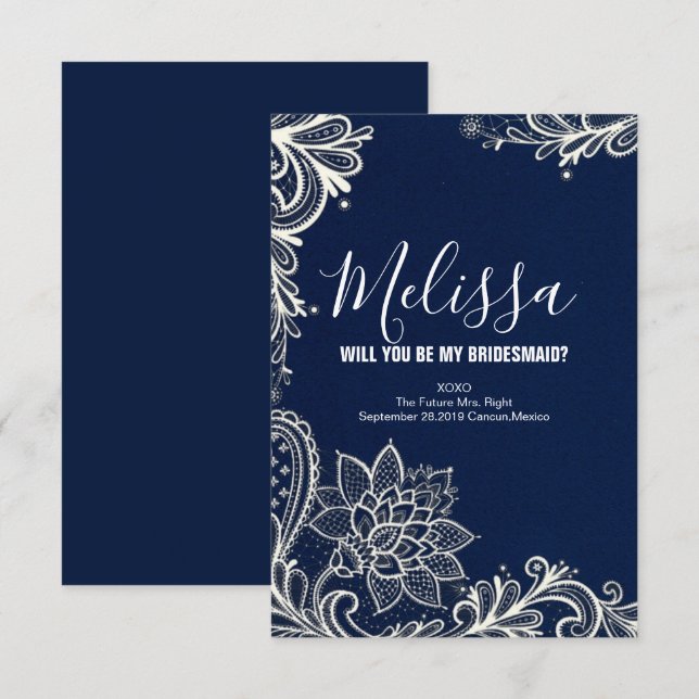 white lace navy blue will you be my bridesmaid invitation (Front/Back)
