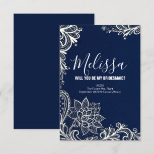 white lace navy blue will you be my bridesmaid invitation