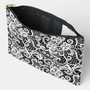 White Lace On Black  Accessory Pouch