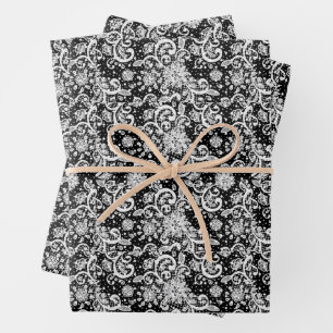 White Lace on Black Background Pattern Wrapping Paper Sheet
