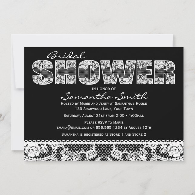 White Lace on Black Bridal Shower Party Invitation (Front)