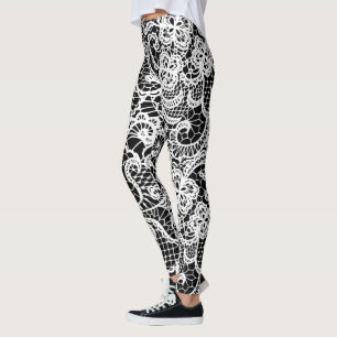 White Lace On Black   Leggings