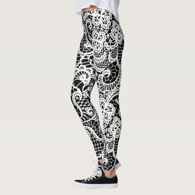 White Lace On Black   Leggings (Left)