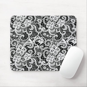 White Lace On Black Mouse Mat