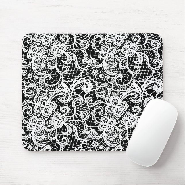 White Lace On Black Mouse Mat (With Mouse)