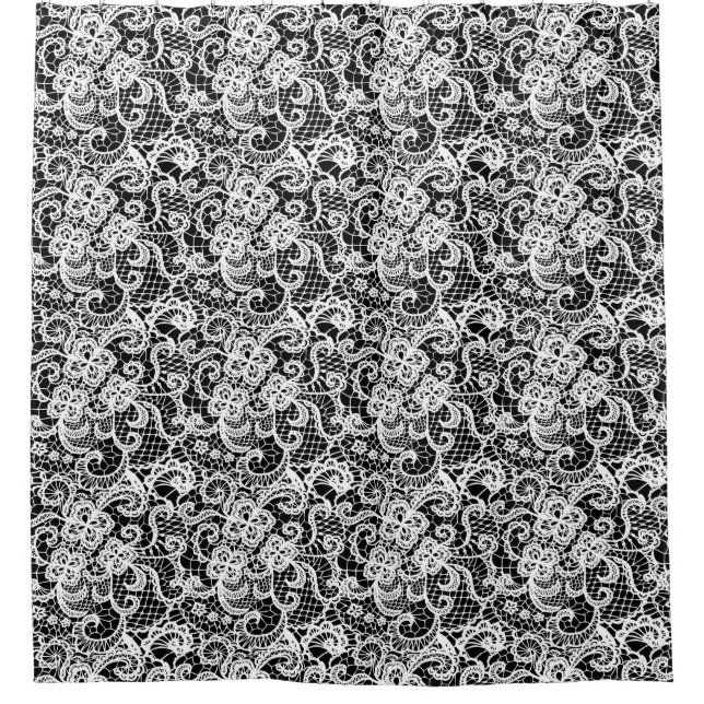 White Lace on Black Shower Curtain (Front)