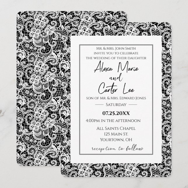 White Lace On Black Wedding Invite (Front/Back)