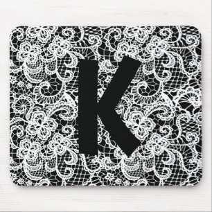 White Lace on Black with Monogram Mouse Mat