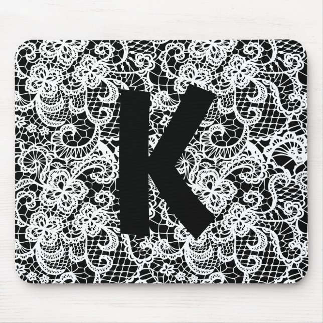 White Lace on Black with Monogram Mouse Mat (Front)