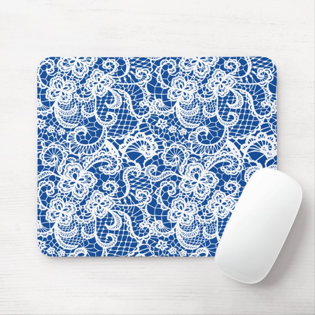White Lace On Blue Mouse Pad (With Mouse)
