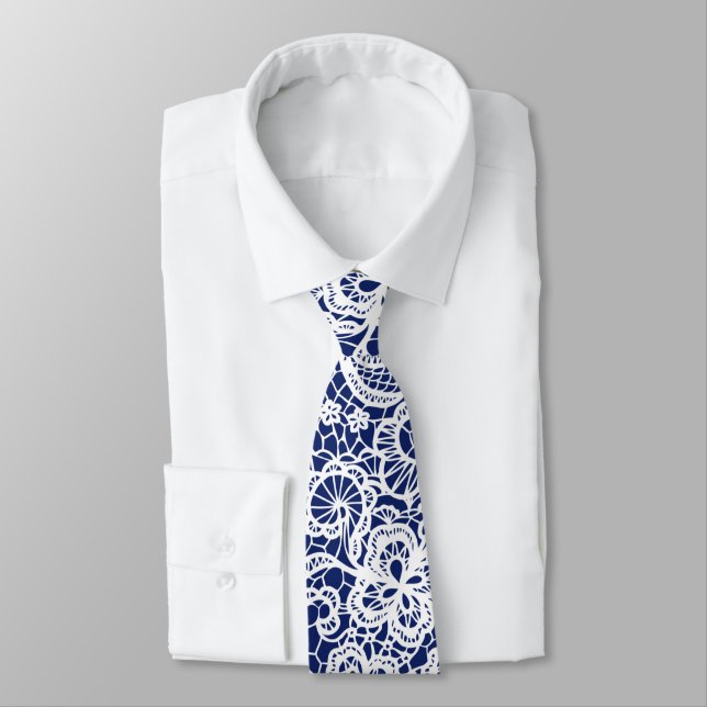White Lace On Blue Neck Tie (Tied)