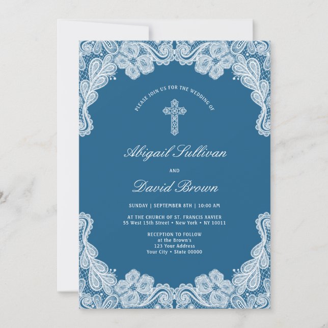 White Lace on Blue Religious Wedding Invitation (Front)