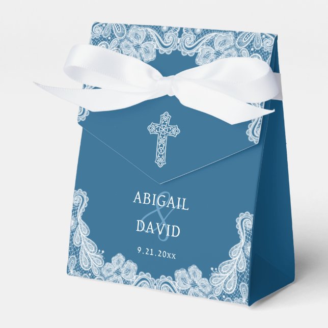White Lace on Blue Religious Wedding Tent Favour Box (Front Side)