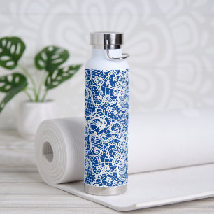 White Lace On Blue Water Bottle