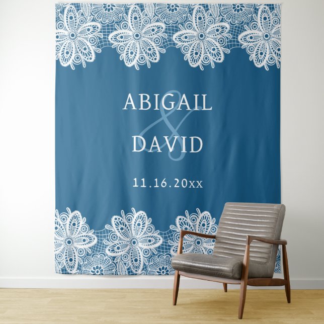 White Lace on Blue Wedding Backdrop Tapestry (In Situ)