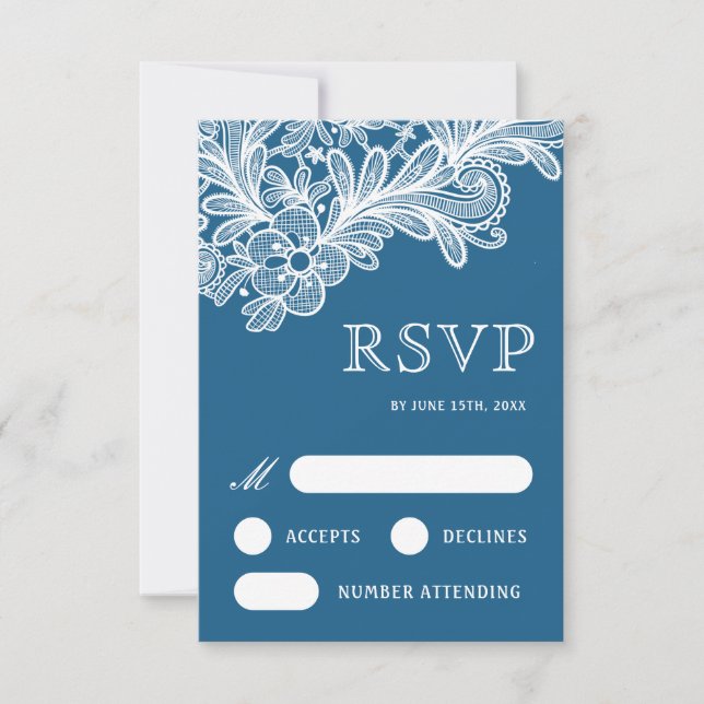 White Lace on Blue Wedding RSVP Card (Front)