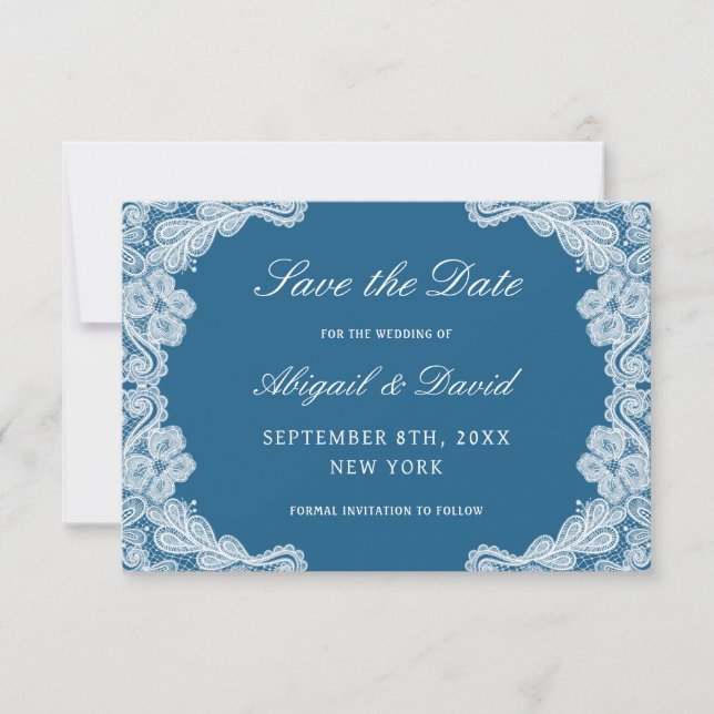 White Lace on Blue Wedding Save The Date (Front)
