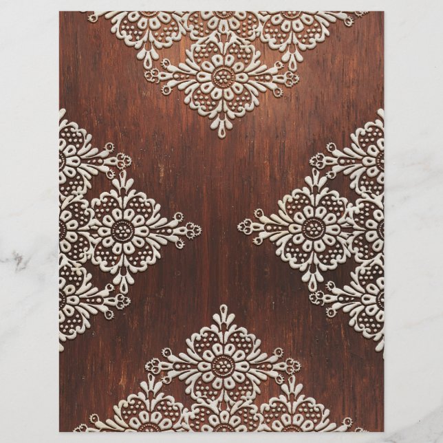 White Lace on Dark Grainy Wood Scrapbook Paper (Front)