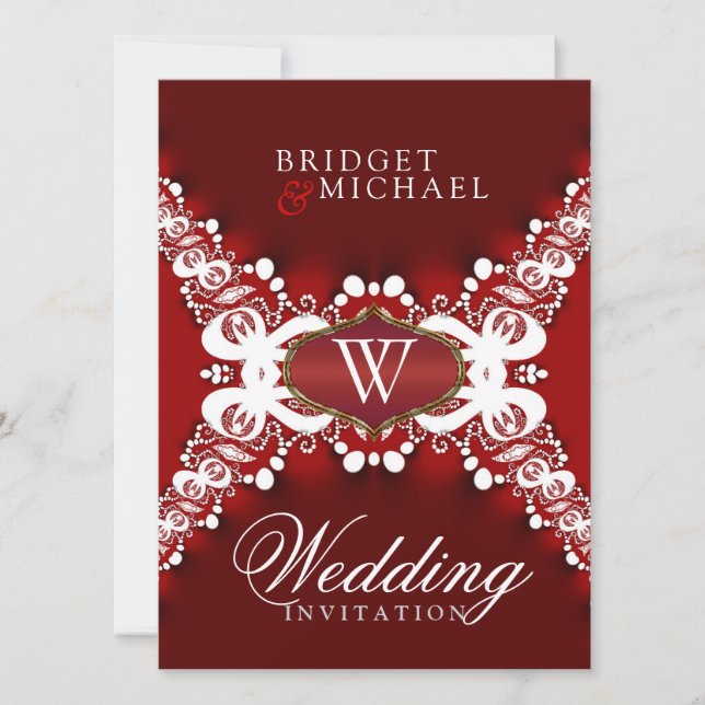 White Lace on Dark Red Unique Wedding Invitations  (Front)