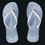 White Lace on Dusty Blue Bridesmaid Wedding Flip Flops<br><div class="desc">These beautiful wedding flip flops are a great way to thank and recognise your bridesmaids while saving their feet at the same time. Features a simple yet elegant design with white floral lace filigree on a dusty blue background. The elegant script lettering reads Bridesmaid with her name below. Great way...</div>